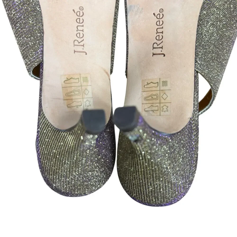 J Renee Metallic Gold Purple Slingback Peep Toe Heels Shoes Leather Sole sz 11